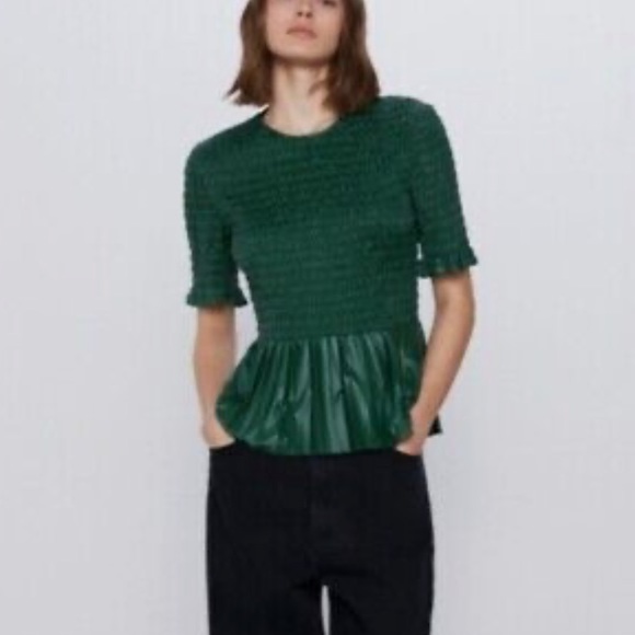 ZARA Faux Leather Peplum Smocked Bodice Top NEW - Picture 5 of 11